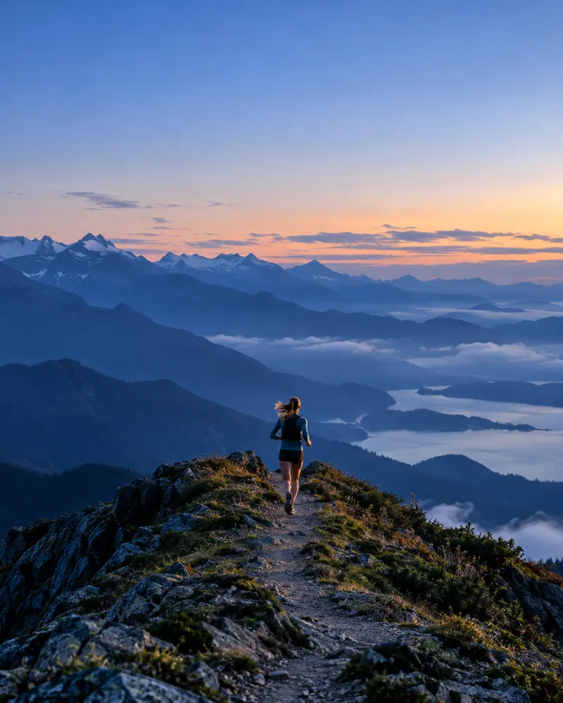 Runner on a mountain trail at dawn